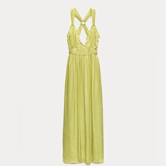 NWT ZARA Blogger Fave Lime Green Silky Cross Back V-Neck Maxi Dress Gown XS - Picture 2 of 14